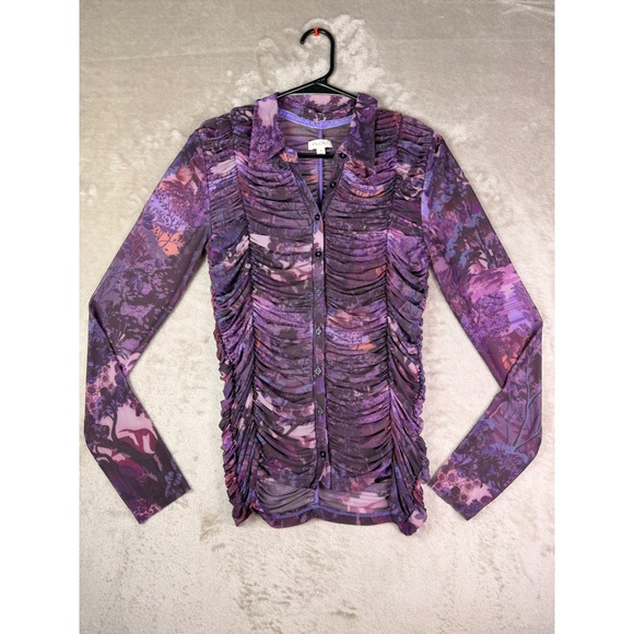 Pilcro Anthropologie Ruched Mesh Floral Print Button Down Top Purple Size Small - Picture 4 of 12